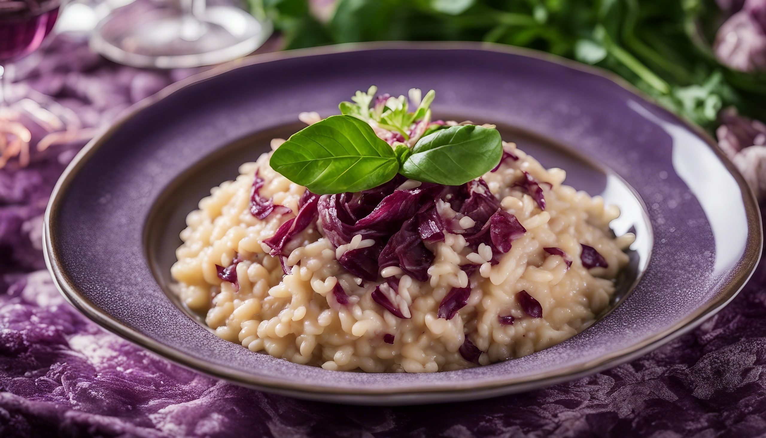 Risotto al Radicchio, creamy risotto cooked with radicchio, offering a stunning contrast of purple