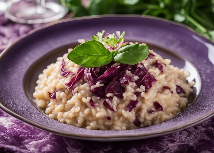 Risotto al Radicchio, creamy risotto cooked with radicchio, offering a stunning contrast of purple